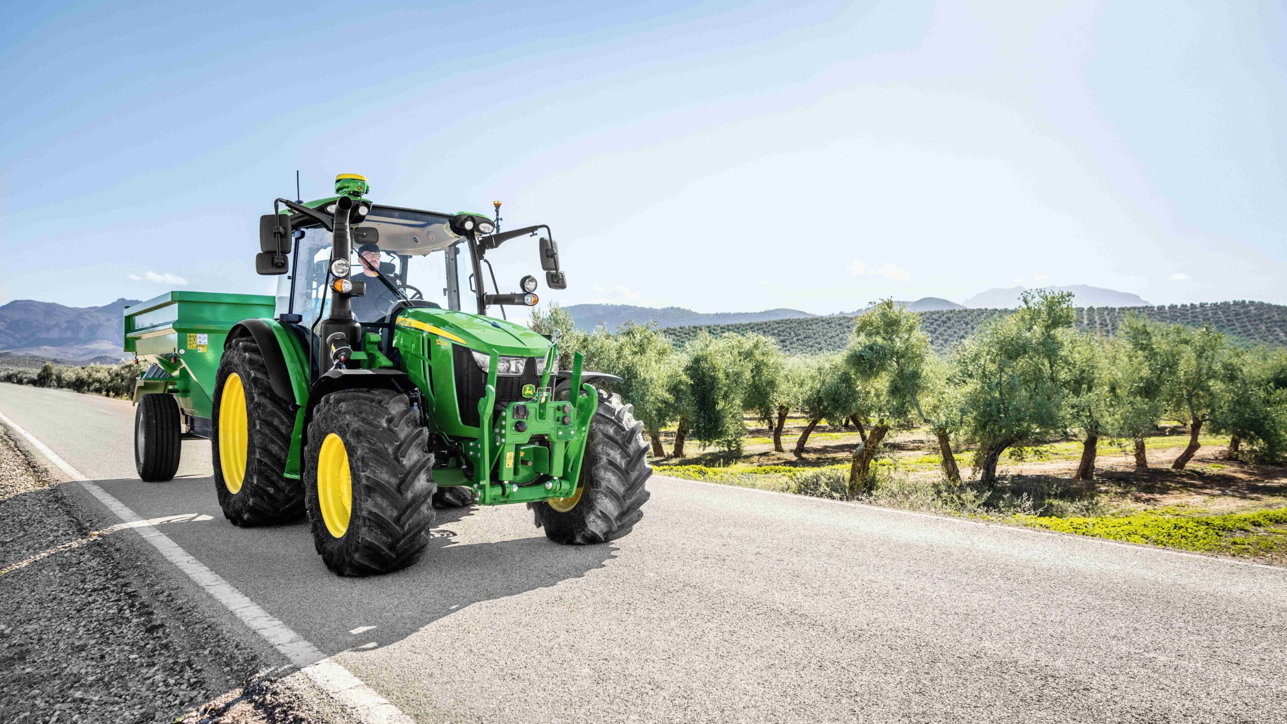 john deere 5M Tractor in Transport|john deere New 5M Digital Dashboard with Integrated AutoTracTM|5M Tractor with Frontloader